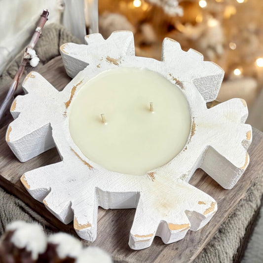 White Snowflake Wood Candle